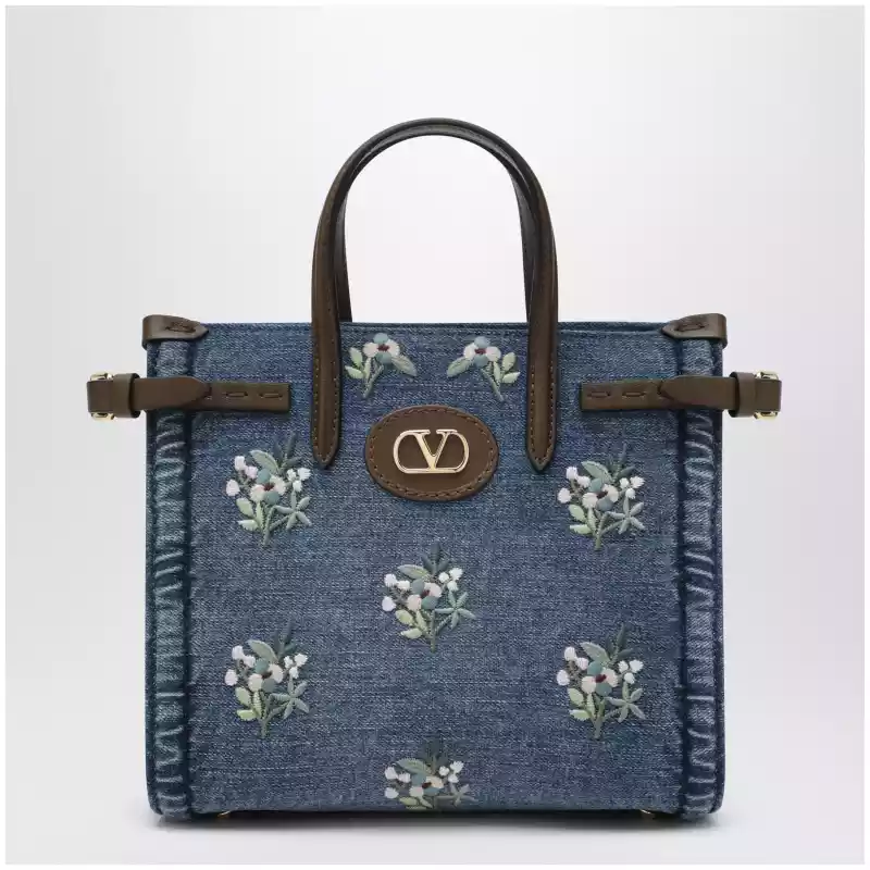 Valentino Garavani Antibes small embroidered denim shopping bag in blue