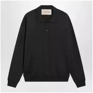 Valentino Wool polo shirt with VLogo embroidery in anthracite