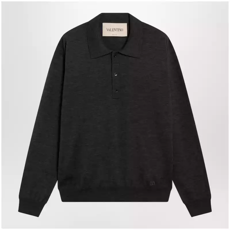 Valentino Wool polo shirt with VLogo embroidery in anthracite