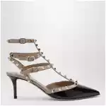 Valentino Garavani Rockstud strap pumps in patent leather, black/powder