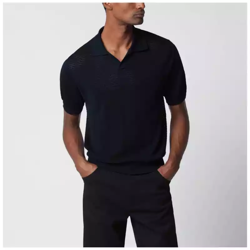 Tagliatore Blue openwork cotton polo shirt