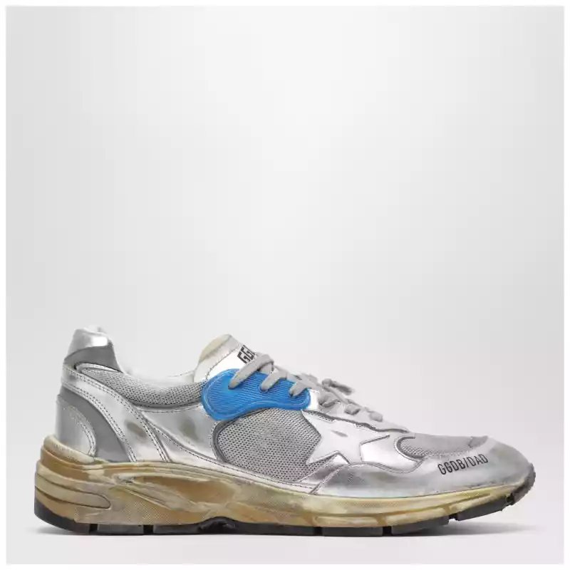 Golden Goose Dad-Star Sneakers in silver laminated leather and mesh