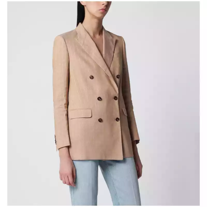 Tagliatore Beige double-breasted pinstripe linen-blend jacket