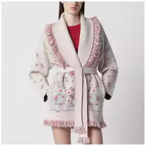 Alanui Beige/coral bandana jacquard cardigan