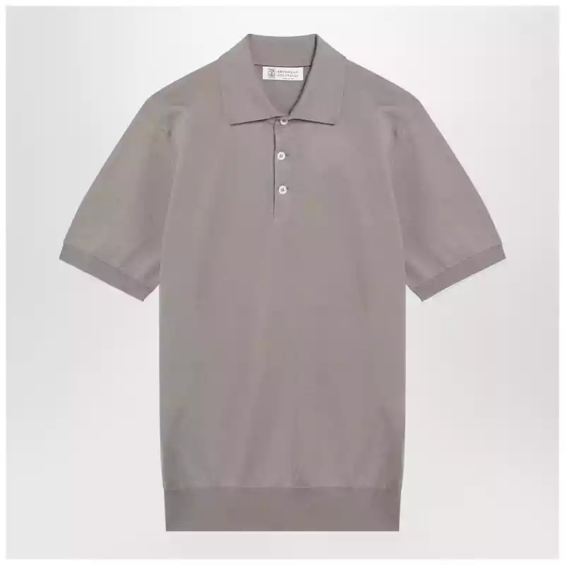 Brunello Cucinelli Light brown cotton knit polo shirt
