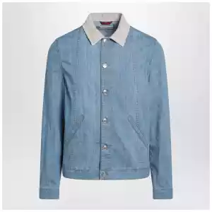 Brunello Cucinelli Blue denim jacket with suede collar