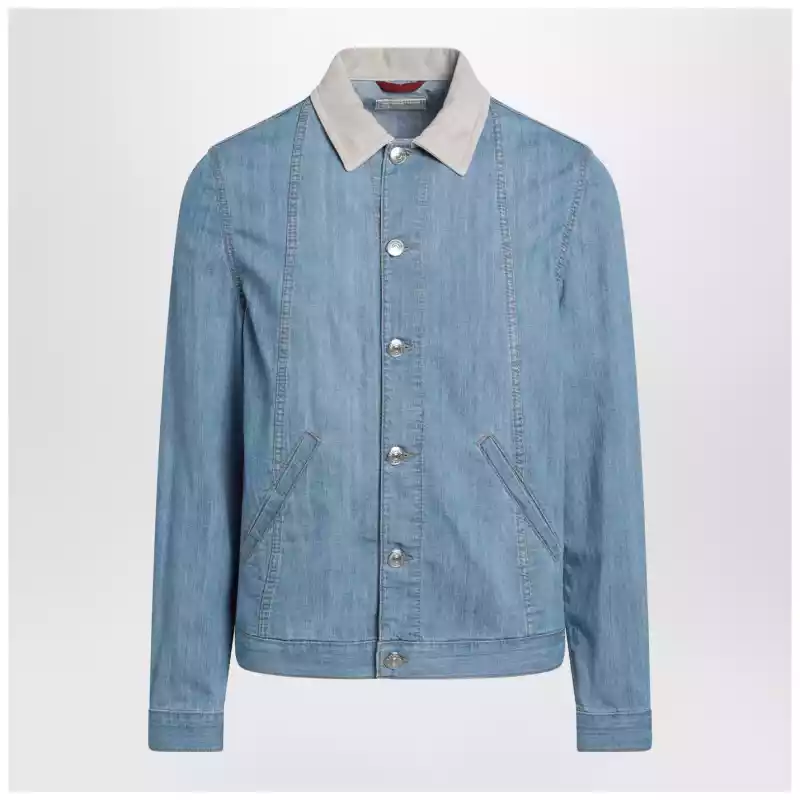 Brunello Cucinelli Blue denim jacket with suede collar