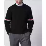 Thom Browne Navy blue cotton sweater with tricolor details