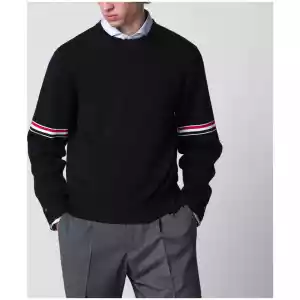 Thom Browne Navy blue cotton sweater with tricolor details