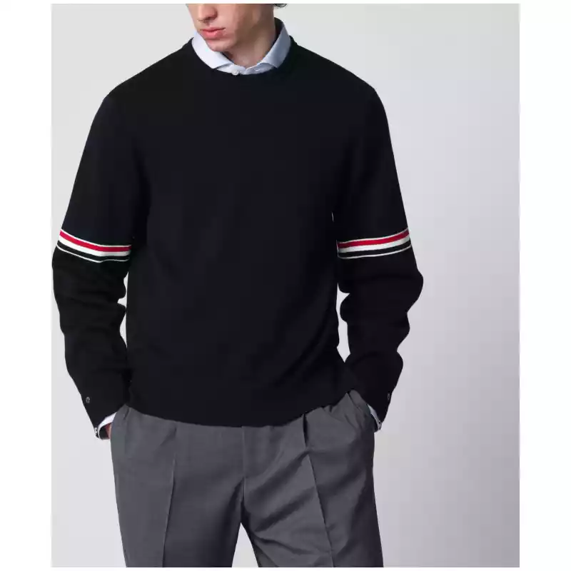 Thom Browne Navy blue cotton sweater with tricolor details