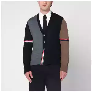 Thom Browne Navy/grey/brown wool cardigan