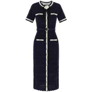 Self-Portrait Navy Pointelle Knit Midi Dress