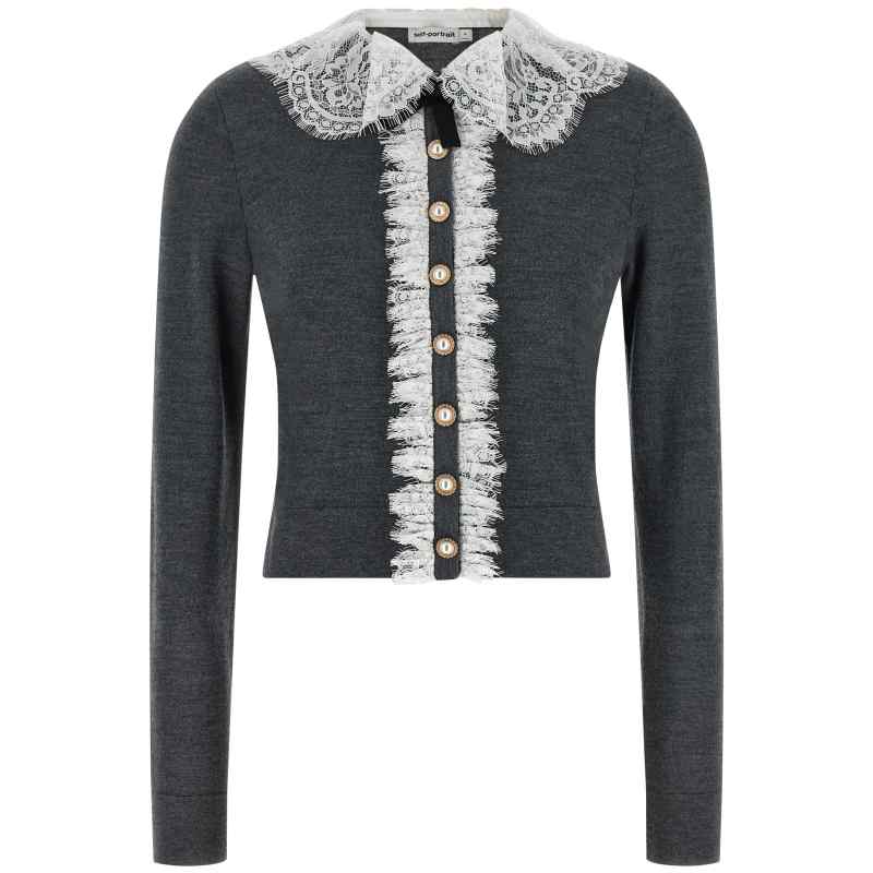 Self-Portrait Grey Lace Collar Knit Cardigan
