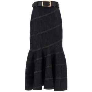 Self-Portrait Indigo Denim Belted Midi Skirt