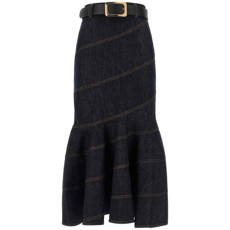 Self-Portrait Indigo Denim Belted Midi Skirt