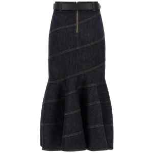 Self-Portrait Indigo Denim Belted Midi Skirt