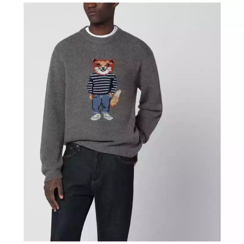 Maison Kitsuné Grey mélange sweater with Dressed Fox intarsia