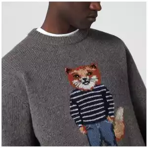 Maison Kitsuné Grey mélange sweater with Dressed Fox intarsia
