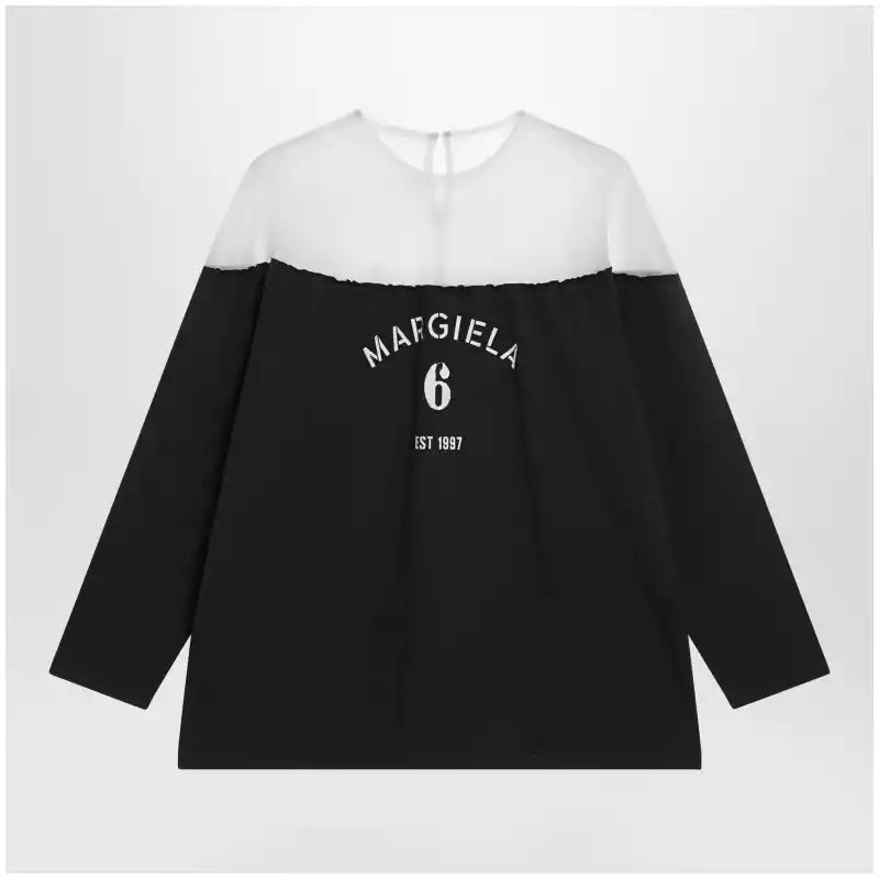 MM6 Maison Margiela Black top with logo print and sheer insert