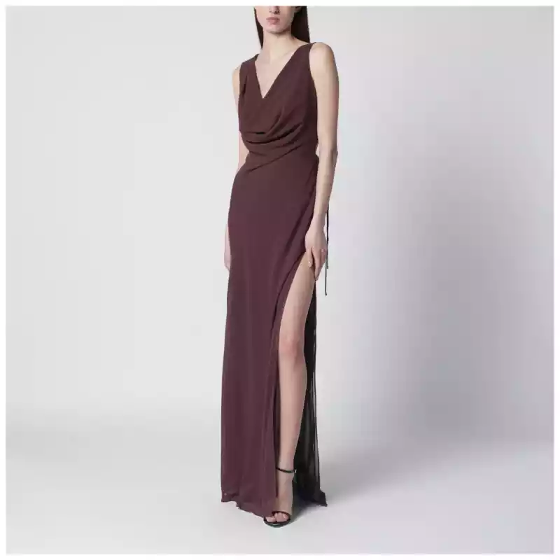 THE ANDAMANE Aubergine silk-blend long dress