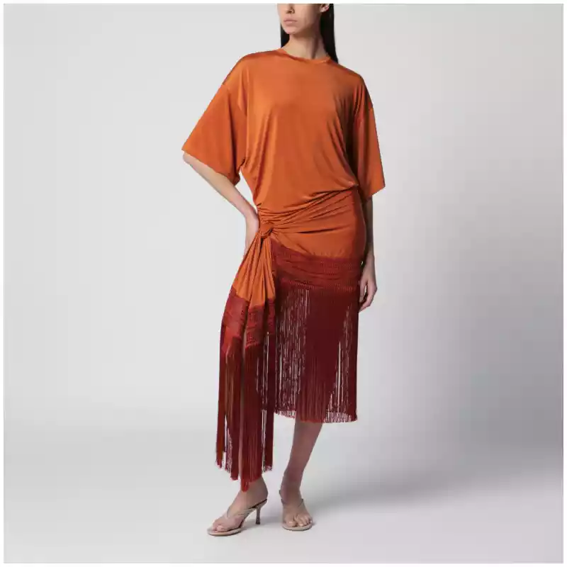 THE ANDAMANE Azul fringed mini jersey T-shirt dress in burnt orange