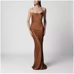THE ANDAMANE Ninfea maxi sleeveless dress with ruffles in bronze polyester