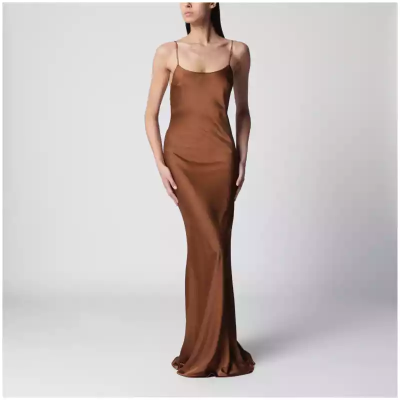 THE ANDAMANE Ninfea maxi sleeveless dress with ruffles in bronze polyester