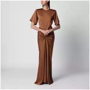 THE ANDAMANE Long Iris dress in bronze with gathered waist