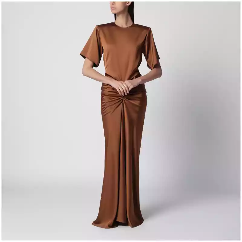THE ANDAMANE Long Iris dress in bronze with gathered waist