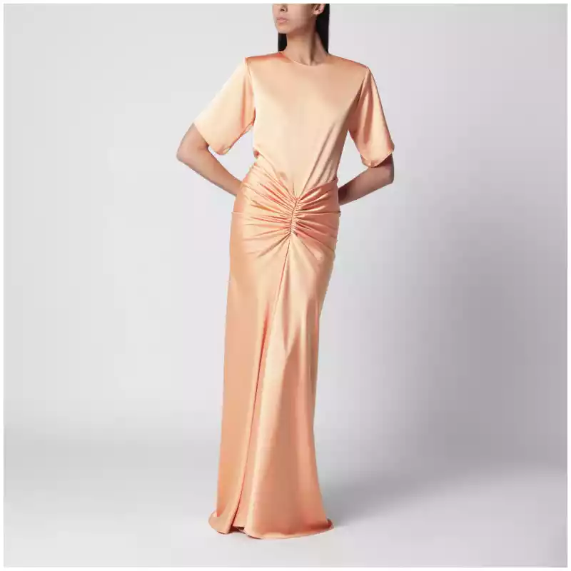 THE ANDAMANE Iris long satin dress in peach