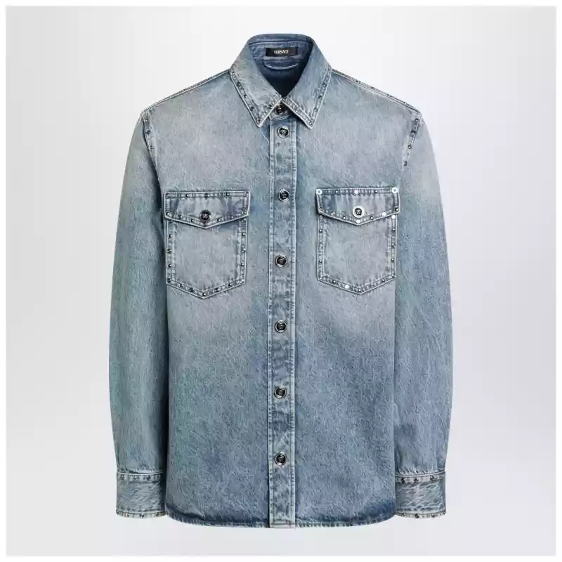 Versace Light blue stone-washed denim shirt with studs