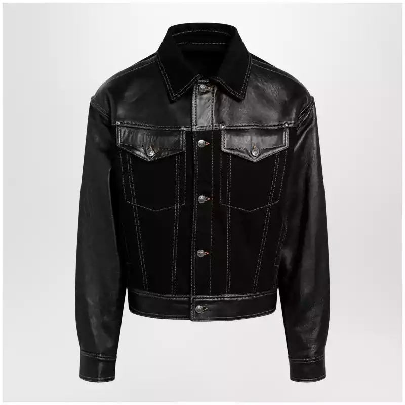 Versace Black Denim and Leather Bomber Jacket