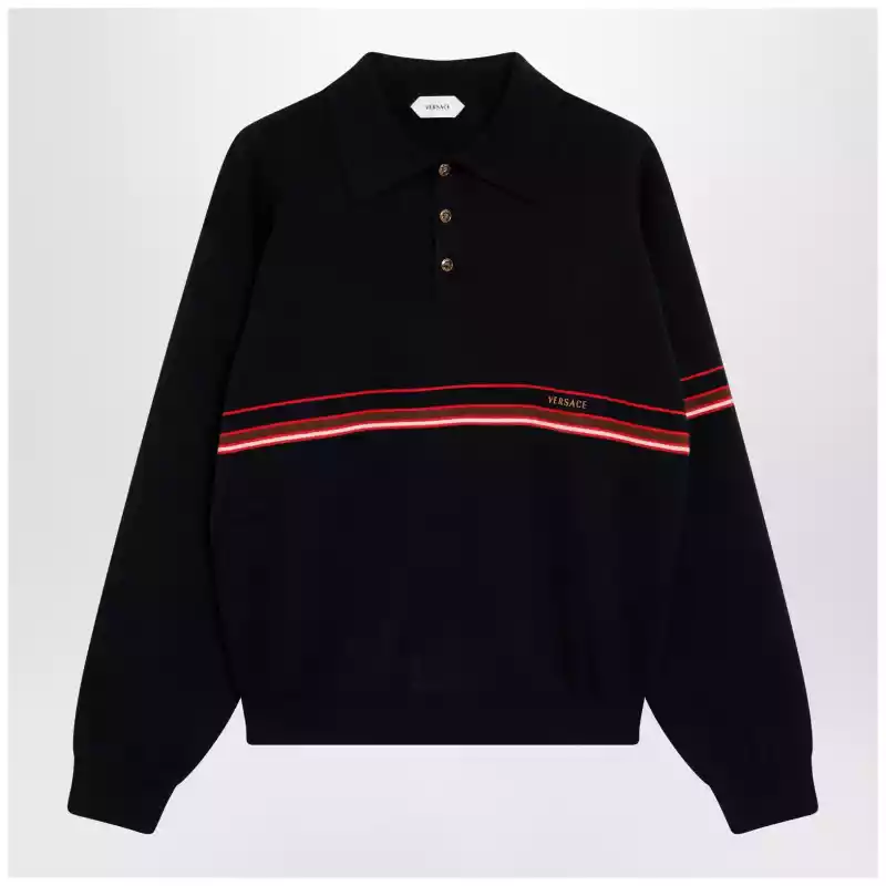 Versace Navy blue cotton knit polo shirt with embroidered logo