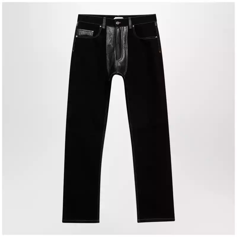 Versace Straight-leg denim and leather jeans in black