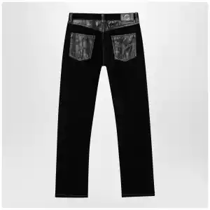 Versace Straight-leg denim and leather jeans in black