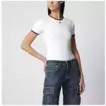 Courreges Courrèges White/Brown cotton T-shirt with contrast crew neck