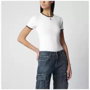 Courreges Courrèges White/Brown cotton T-shirt with contrast crew neck