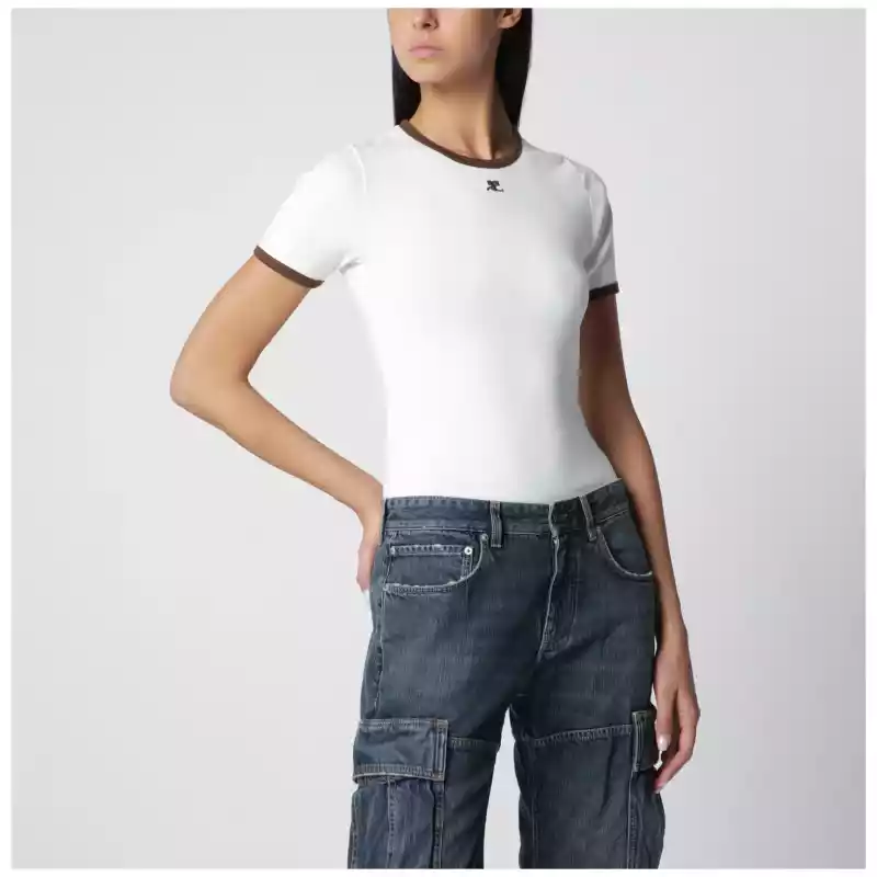 Courreges Courrèges White/Brown cotton T-shirt with contrast crew neck
