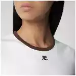 Courreges Courrèges White/Brown cotton T-shirt with contrast crew neck