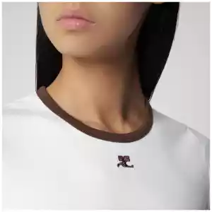 Courreges Courrèges White/Brown cotton T-shirt with contrast crew neck