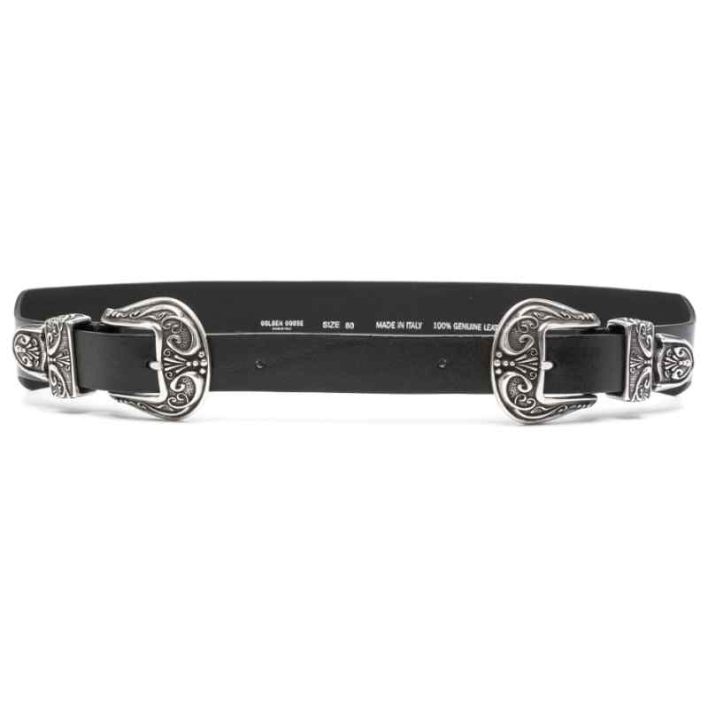 Golden Goose Black Washed Leather Belt With Double Silver Buckle