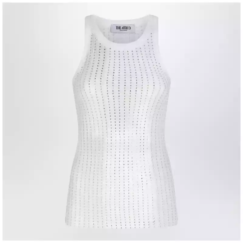 The Attico White tank top with rhinestones