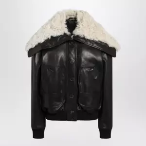 The Attico Black leather bomber jacket with shearling collar