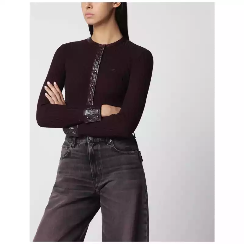 Courreges Courrèges Ribbed knit cardigan with vinyl trim in burgundy