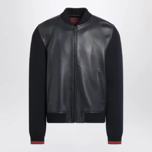 GUCCI Navy blue nappa leather and knit bomber jacket