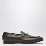 GUCCI Brown leather GG moccasin with a buckle