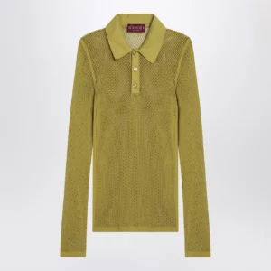 GUCCI Pistachio green perforated technical knit polo