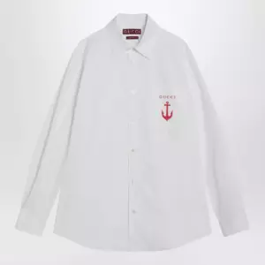 GUCCI White cotton shirt with logo embroidery