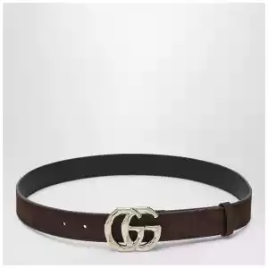 GUCCI Brown suede belt with bamboo GG Marmont buckle