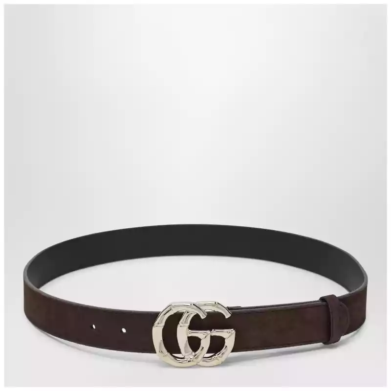 GUCCI Brown suede belt with bamboo GG Marmont buckle